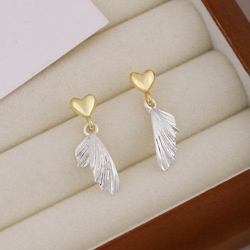 Light Luxury Two Tone Alloy Heart Studs With Silver Wing Feather Dangles Elegant Metal Drop Earrings