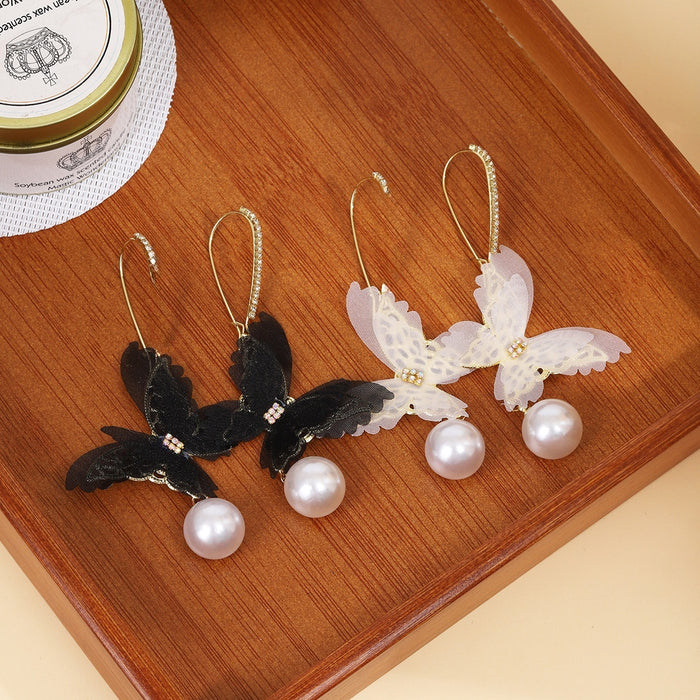 Elegant Women's Mesh Fabric Butterfly Pearl Drop With Rhinestone Zircon Alloy Hook Bridal Earrings