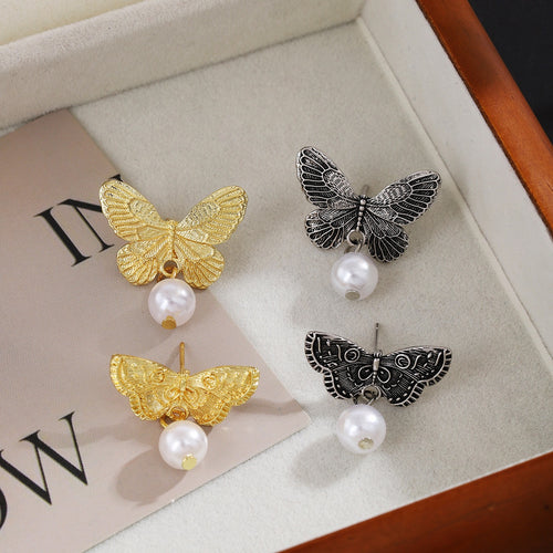 French Vintage Luxury Textured Alloy Metal 3D Asymmetric Butterfly Pearl Drop Stud Earrings