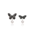French Vintage Luxury Textured Alloy Metal 3D Asymmetric Butterfly Pearl Drop Stud Earrings view 5