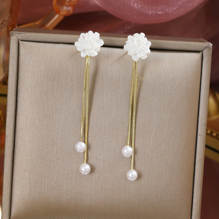 Elegant French Vintage White Flower Pearl Tassel Drop Alloy Long Chain Dangle Jewelry Earrings