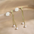 Elegant French Vintage White Flower Pearl Tassel Drop Alloy Long Chain Dangle Jewelry Earrings view 3