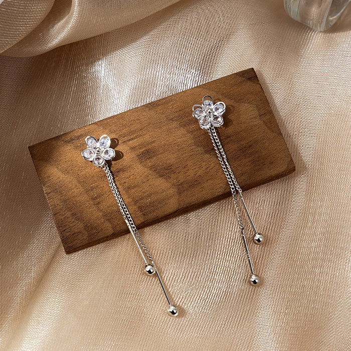 Elegant Korean Style Rhinestone Flower Long Tassel Drop Alloy Stud Earrings