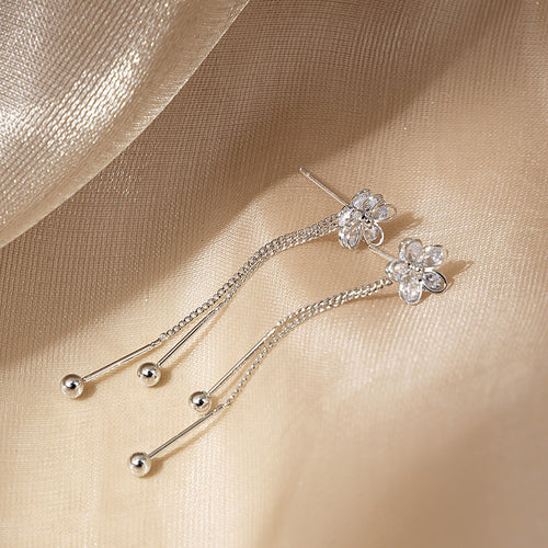 Elegant Korean Style Rhinestone Flower Long Tassel Drop Alloy Stud Earrings