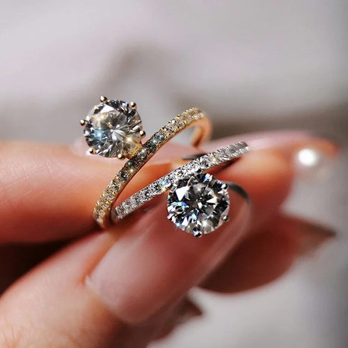 Six Prong Zircon Moissanite Look Crown Ring Geometric Round Luxury Finger Jewelry