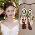 Bohemian Teardrop Feather Seed Bead Tassel Drop Earrings Vintage Ethnic Vacation Style Jewelry view 3