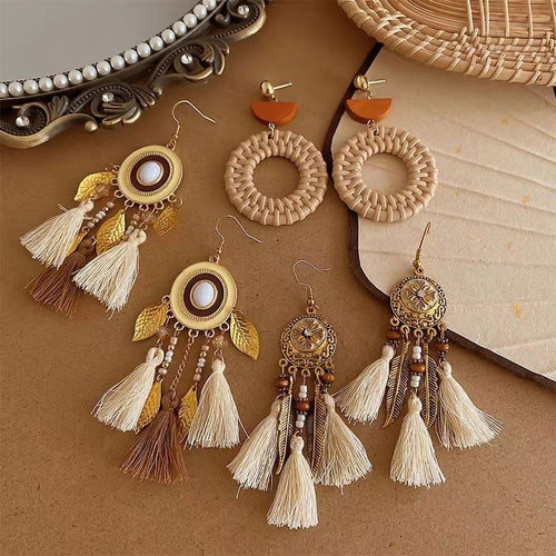 Bohemian Teardrop Feather Seed Bead Tassel Drop Earrings Vintage Ethnic Vacation Style Jewelry