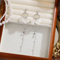 Elegant Light Luxury Shell Flower Rhinestone Hoop Long Tassel Pearl Chain Alloy Stud Earrings view 4