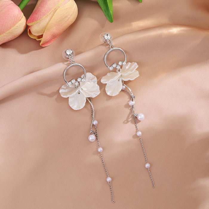 Elegant Light Luxury Shell Flower Rhinestone Hoop Long Tassel Pearl Chain Alloy Stud Earrings