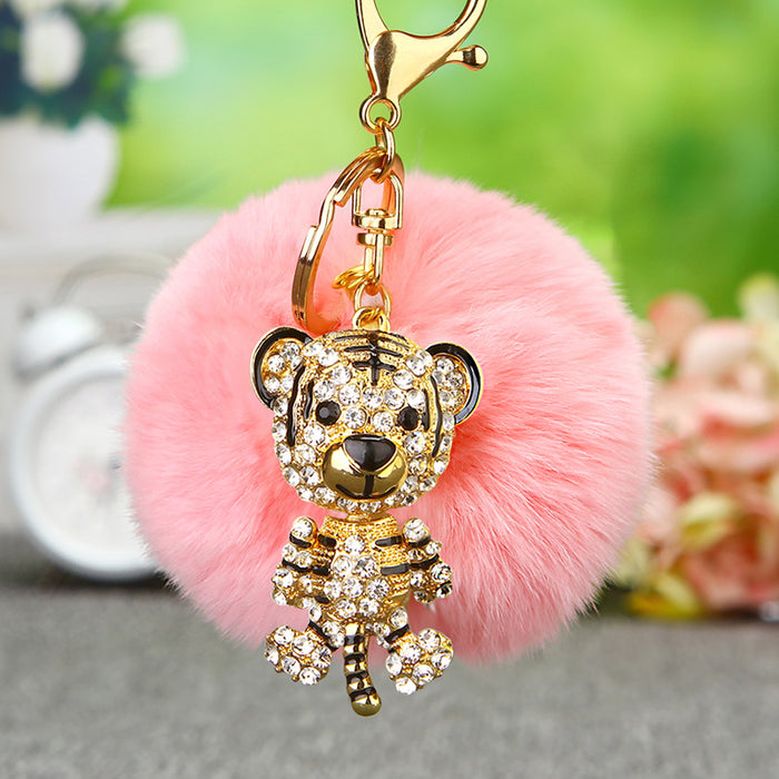 Jeweled Fox, Tiger and Sheep Faux Fur Pom Pom Keychains