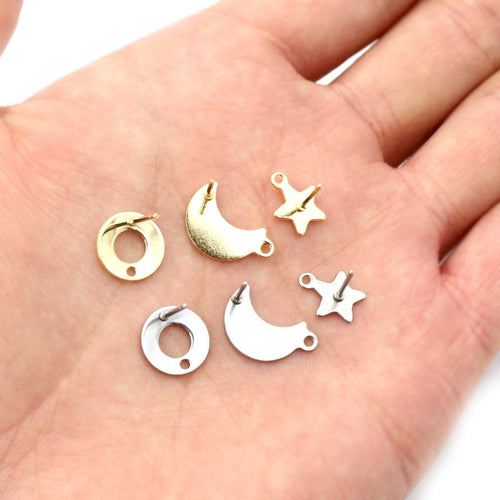 Stainless Steel Geometric Moon Star Flower Stud Earrings With Hole For DIY Jewelry Accessories