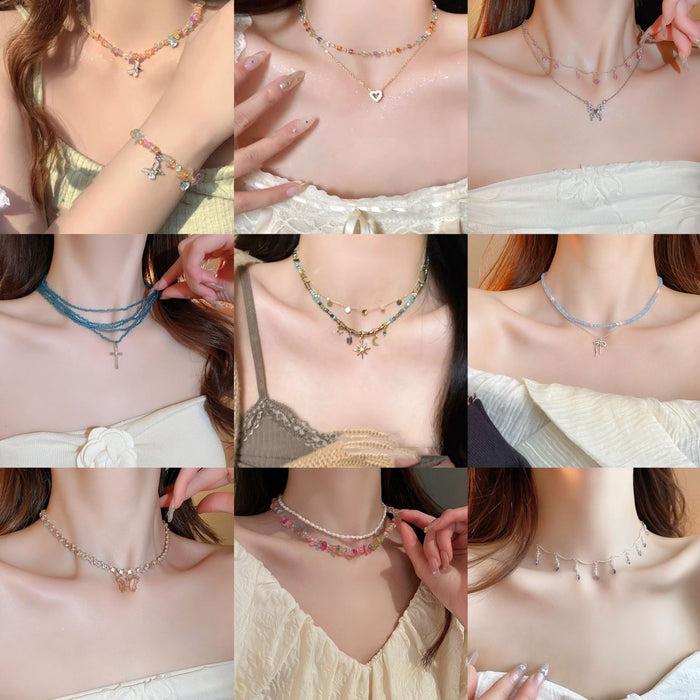 Premium Butterfly Zircon Heart Glass Bead Collarbone Necklace For Summer Fashion