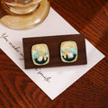 Vintage French Oval Sunset Enamel Wheat Ear Studs With Pearl And Alloy Gold Tone Luxury Earrings view 2