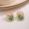 Elegant Vintage French Oval Oil Painting Enamel Flower Pearl Rhinestone Gold Alloy Stud Earrings view 2