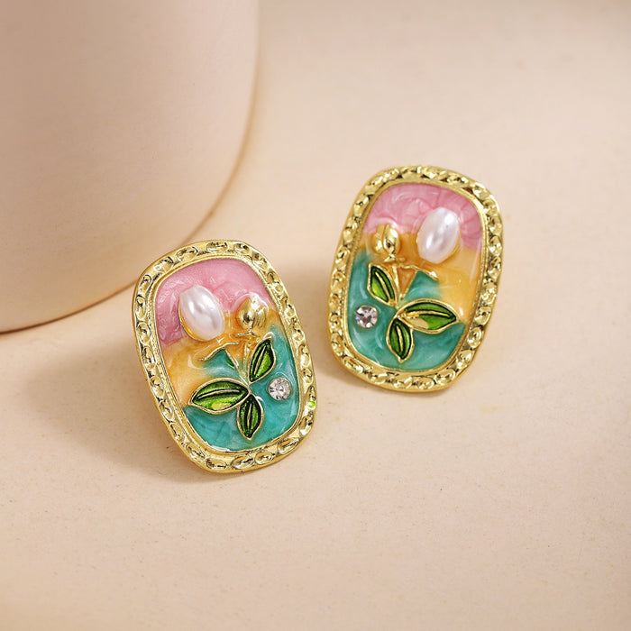Elegant Vintage French Oval Oil Painting Enamel Flower Pearl Rhinestone Gold Alloy Stud Earrings