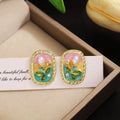 Elegant Vintage French Oval Oil Painting Enamel Flower Pearl Rhinestone Gold Alloy Stud Earrings view 4