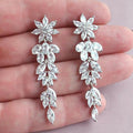 Fashion Luxury Sparkling Long Floral Leaf Earrings, Elegant Flower Drop Earrings For Women view 2