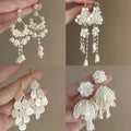 French Chic Faux Pearl Flower Tassel Drop Earrings With Silver Needle Posts view 2