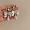 French Chic Faux Pearl Flower Tassel Drop Earrings With Silver Needle Posts view 3