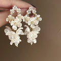 French Chic Faux Pearl Flower Tassel Drop Earrings With Silver Needle Posts view 4