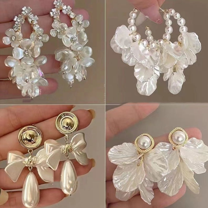 French Chic Faux Pearl Flower Tassel Drop Earrings With Silver Needle Posts
