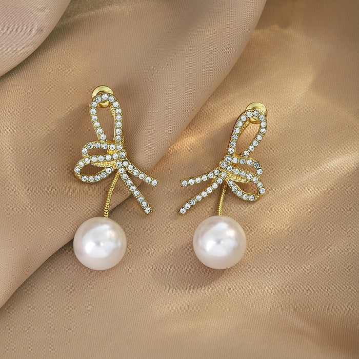 Elegant Korean Bowknot Rhinestone Inlaid Gold Alloy Detachable Pearl Drop Stud Earrings
