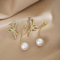 Elegant Korean Bowknot Rhinestone Inlaid Gold Alloy Detachable Pearl Drop Stud Earrings view 4