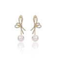 Elegant Korean Bowknot Rhinestone Inlaid Gold Alloy Detachable Pearl Drop Stud Earrings view 5