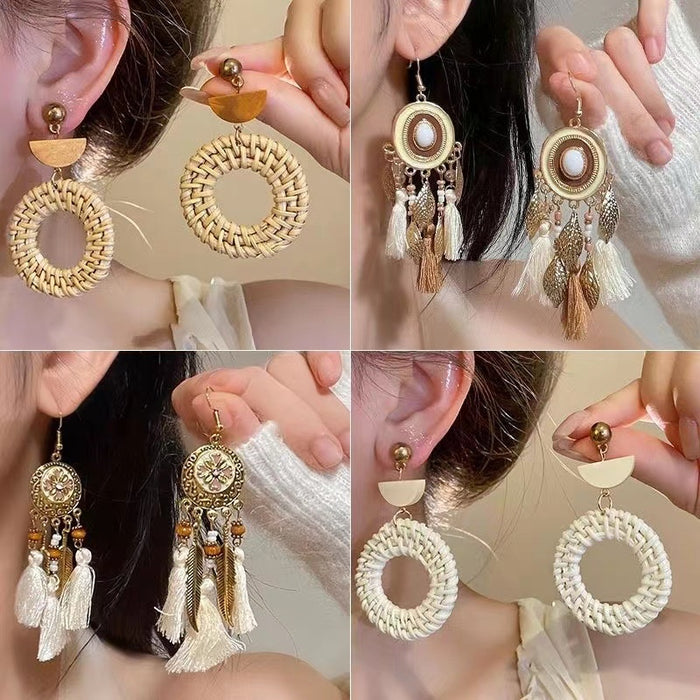 Sweet Flower Feather Tassel Drop Earrings With Silver Pins Summer Fresh Geometric Jewelry