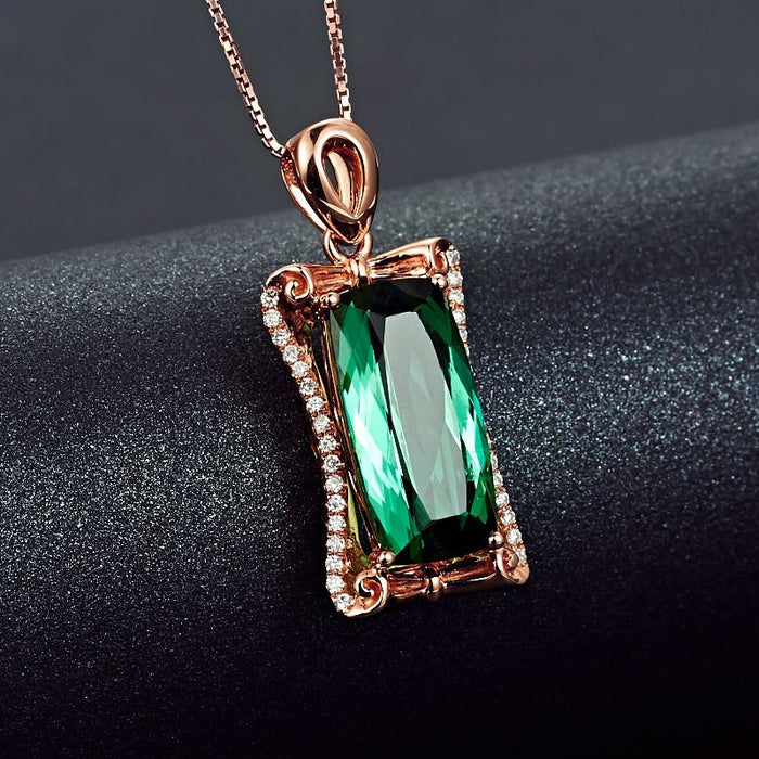 Brazilian Green Tourmaline Imitation Pendant Necklace Rectangular Royal Style Jewelry For Women