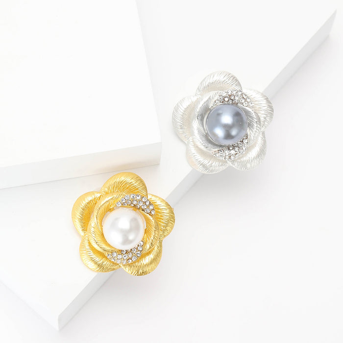 Alloy Matte Gold Pearl Flower Brooch Pin For Women's Clothing