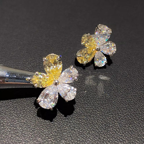 Yellow White Flower Drop Earrings, Korean Light Luxury Two Tone Floral Earrings For Daily Wear