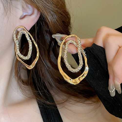 Gold Plated Alloy Irregular Oval Stud Earrings With Silver Posts Chic Geometric Line Design
