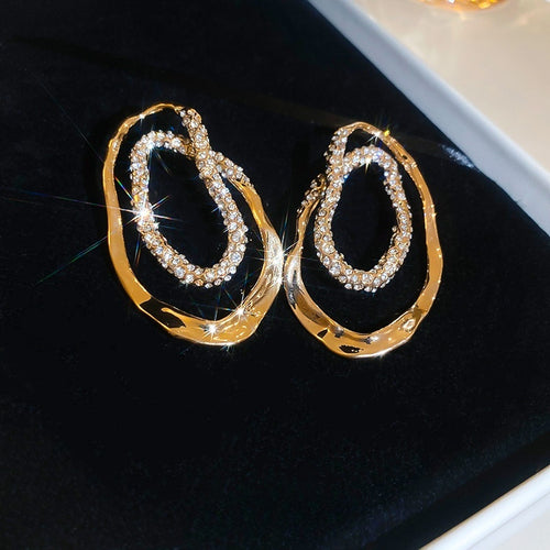 Gold Plated Alloy Irregular Oval Stud Earrings With Silver Posts Chic Geometric Line Design