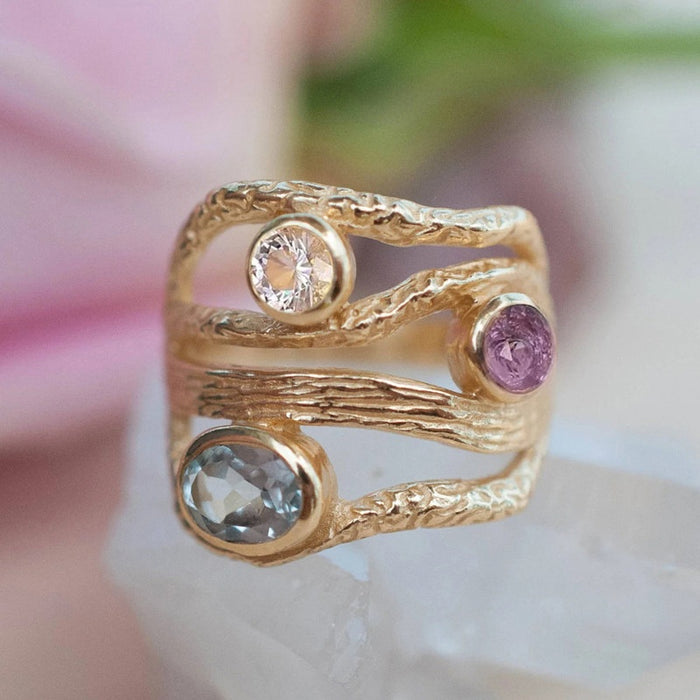 Moonlight Color Simulated Gemstone Ring, Gradient Geometric Multi Line Luxury Finger Jewelry