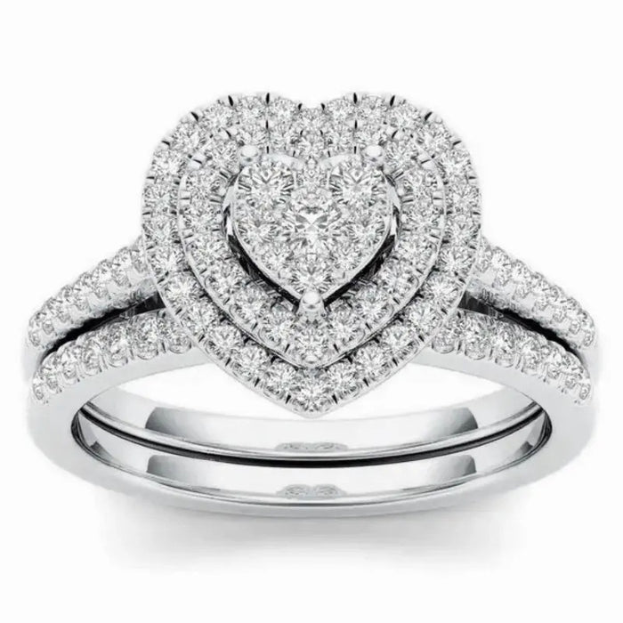 Trendy Multi Layer Ring Set, Heart Pave Two Piece Fashion Halo Heart Ring Set For Women