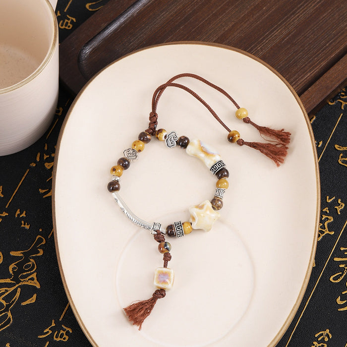 New Chinese Retro Ethnic Five Pointed Star Beaded Bracelet Square Adjustable Cord Bracelet