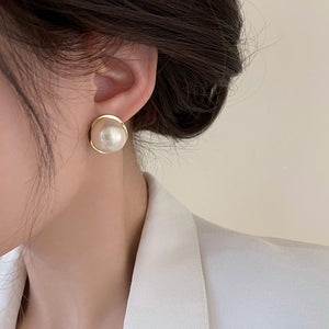 French Style Round Faux Pearl Stud Earrings, Elegant Minimalist Light Luxury Jewelry For Women