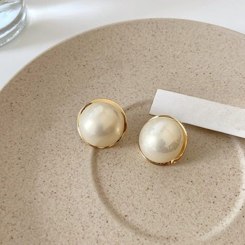 French Style Round Faux Pearl Stud Earrings, Elegant Minimalist Light Luxury Jewelry For Women