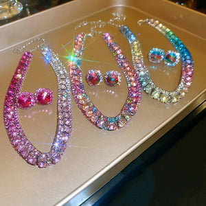 Light Luxury Colorful Rhinestone Copper Stud Earrings And Collarbone Necklace Jewelry Set
