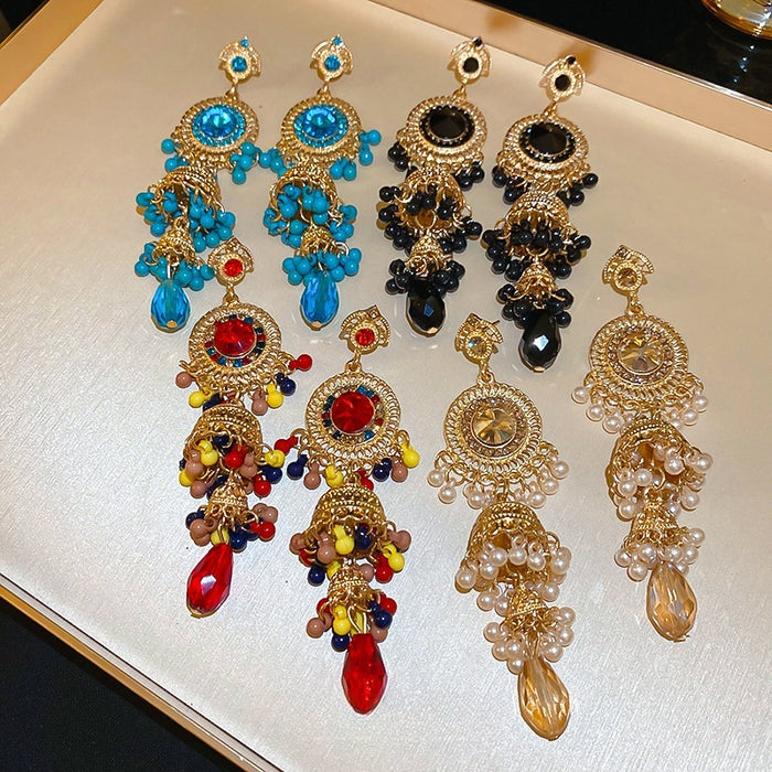 Vintage Chic Round Geometric Artificial Crystal Tassel Drop Earrings For Women
