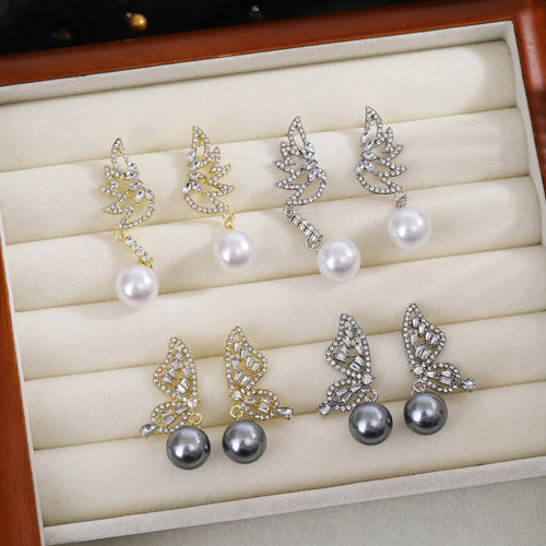Elegant Asymmetric Wing Pearl Drop Earrings With Rhinestone Zircon Alloy Butterfly Stud Earrings