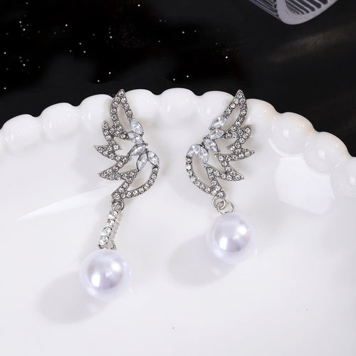 Elegant Asymmetric Wing Pearl Drop Earrings With Rhinestone Zircon Alloy Butterfly Stud Earrings