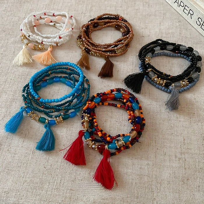 Bohemian Multi Layer Artificial Crystal Beaded Bracelet Vintage Geometric Tassel Design