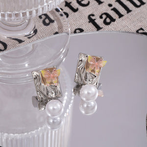 Elegant Butterfly Enamel Alloy Studs With Faux Pearl Drops, Light Luxury Summer Women's Earrings