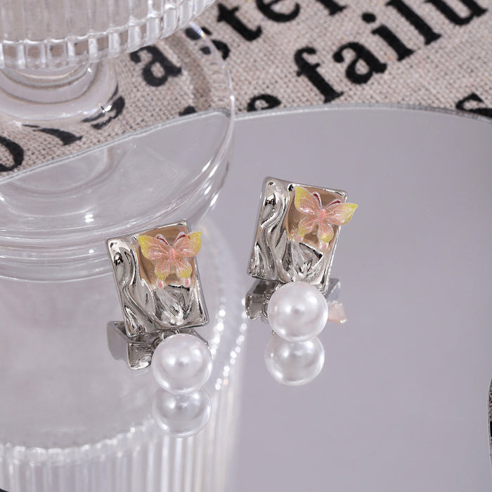 Elegant Butterfly Enamel Alloy Studs With Faux Pearl Drops, Light Luxury Summer Women's Earrings