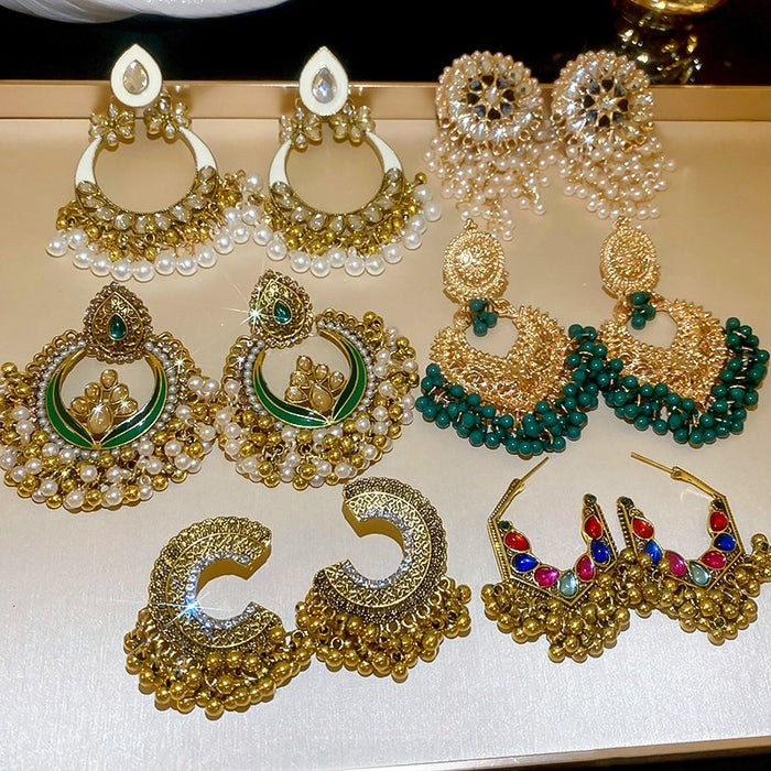 Ethnic Style Hollow Teardrop Tassel Faux Pearl Drop Earrings Vintage Light Luxury Stud Jewelry