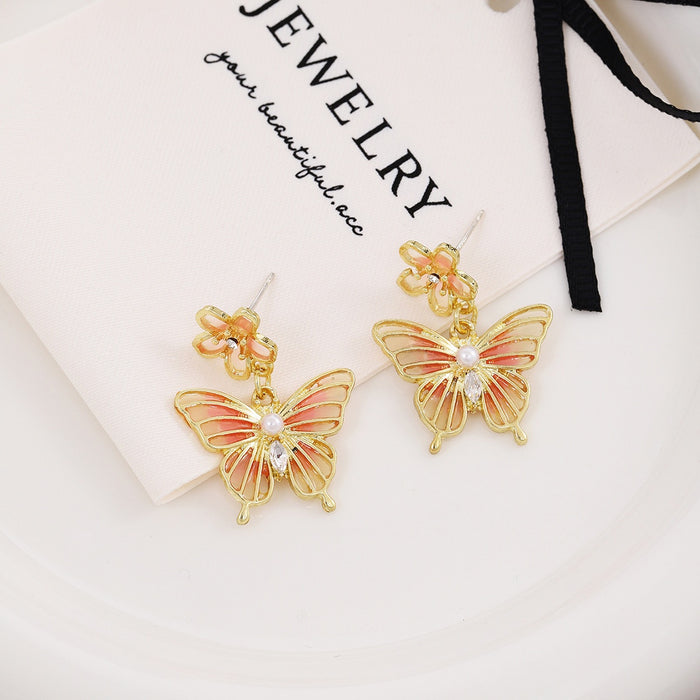 Elegant Korean Summer Gold Alloy Gradient Enamel Butterfly Flower Pearl Zircon Dangle Drop Earrings