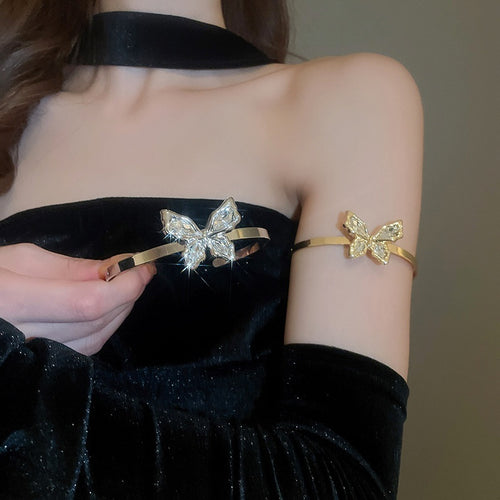 Sparkling Rhinestone Butterfly Open Cuff Alloy Bangle, Elegant Light Luxury Arm Bracelet for Women
