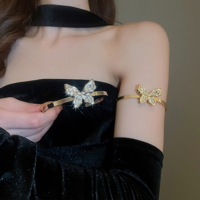 Sparkling Rhinestone Butterfly Open Cuff Alloy Bangle, Elegant Light Luxury Arm Bracelet for Women